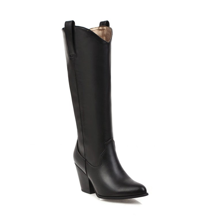 Women's Pu Leather Pointed Toe Block Heel Knee High Boots