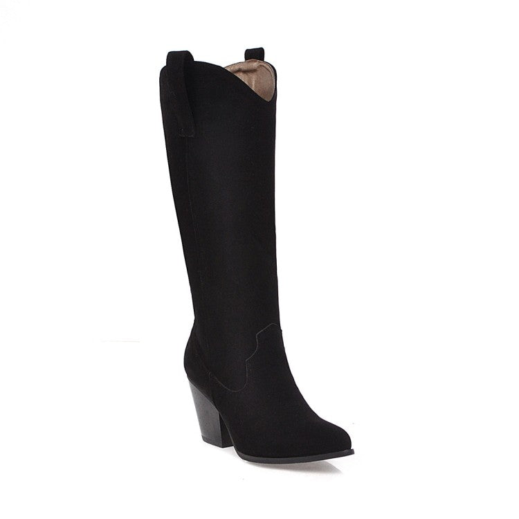 Women's Pu Leather Pointed Toe Block Heel Knee High Boots