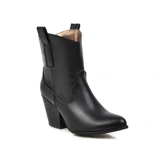 Women's Pu Leather Pointed Toe Stitching Patchwork Block Heel Short Boots