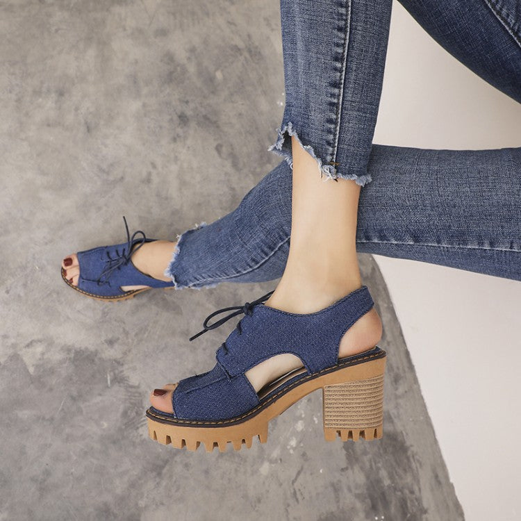 Women's's Denim Hollow Out Chunky Heel Platform Sandals