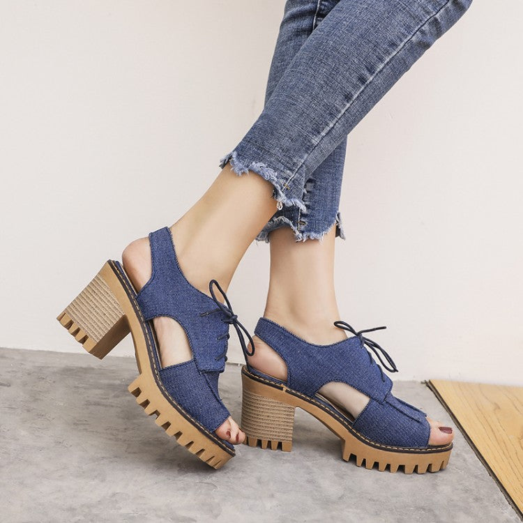 Women's's Denim Hollow Out Chunky Heel Platform Sandals