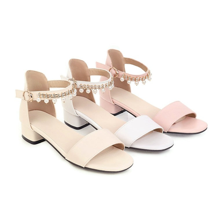 Women Solid Color Ankle Strap Pearls Hollow Out Block Heel Low Heels Sandals