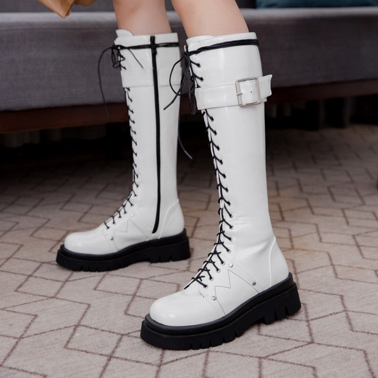 Women's Pu Leather Lace Up Side Zippers Belts Buckles Knee High Boots