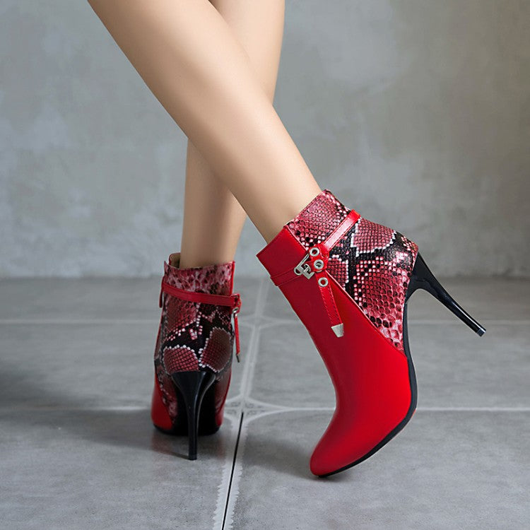 Women's Pointed Toe Snake-print High Heel Short Boots