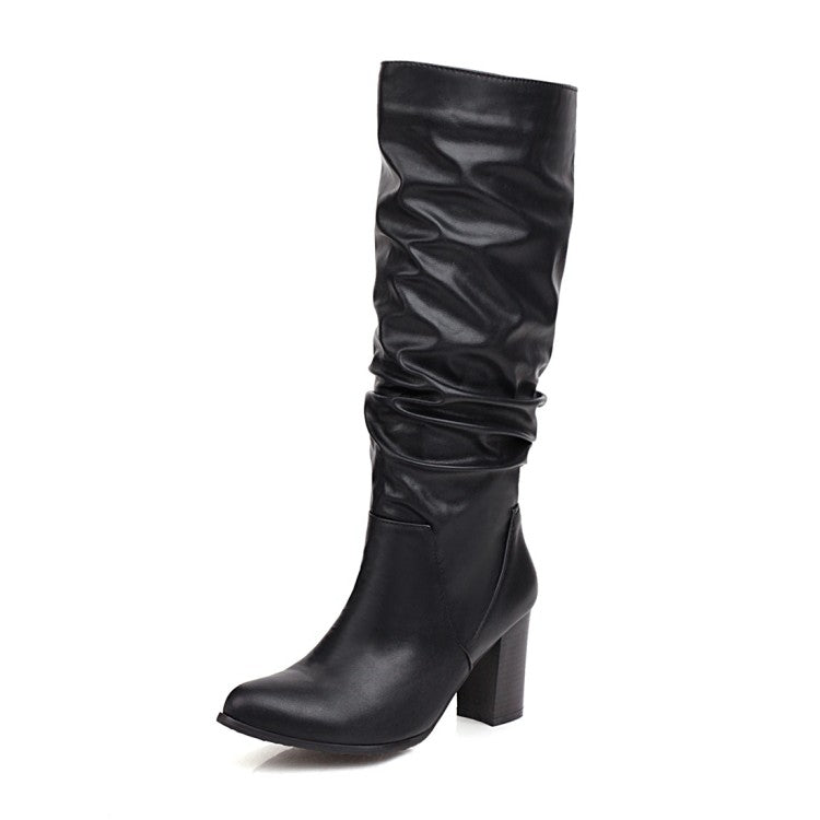 Women's Pu Leather Pointed Toe Stitching Block Heel Knee High Boots