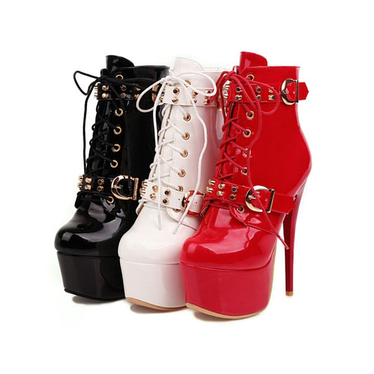 Women's Glossy Almond Toe Buckles Belts Tied Stiletto Heel Platform Short Boots