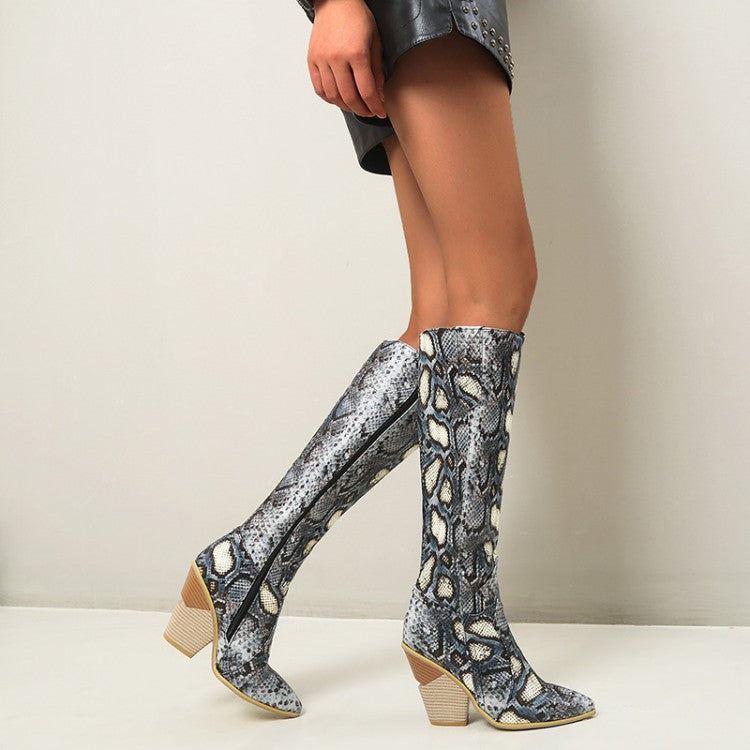 Women's Snake Printed Pointed Toe Side Zippers Chunky Heel Knee High Boots