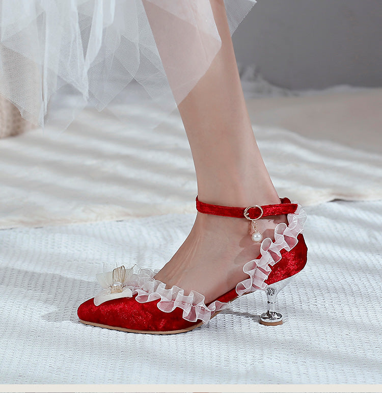 Women's's High Heels Lolita Lace Pointed Toe Butterfly Knot Pearls Stiletto Sandals