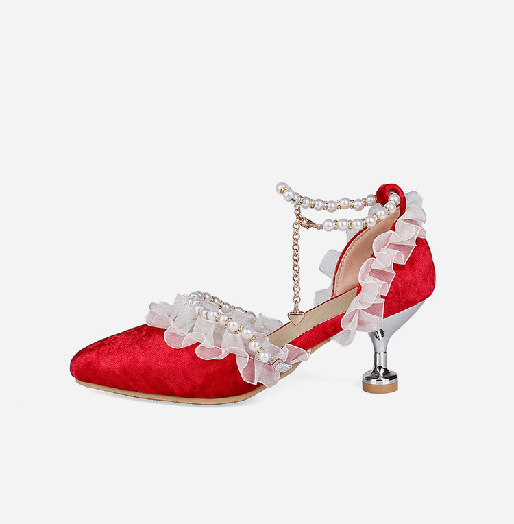 Women's's High Heels Lolita Closed Toe Beading Lace Pointed Toe Spool Heel Stiletto Sandals