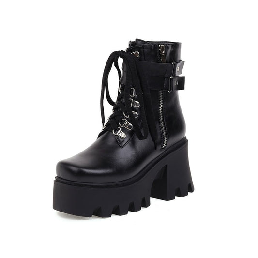 Women's Pu Leather Square Toe Tied Belts Buckles Side Zippers Chunky Heel Platform Short Boots