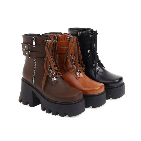 Women's Pu Leather Square Toe Tied Belts Buckles Side Zippers Chunky Heel Platform Short Boots