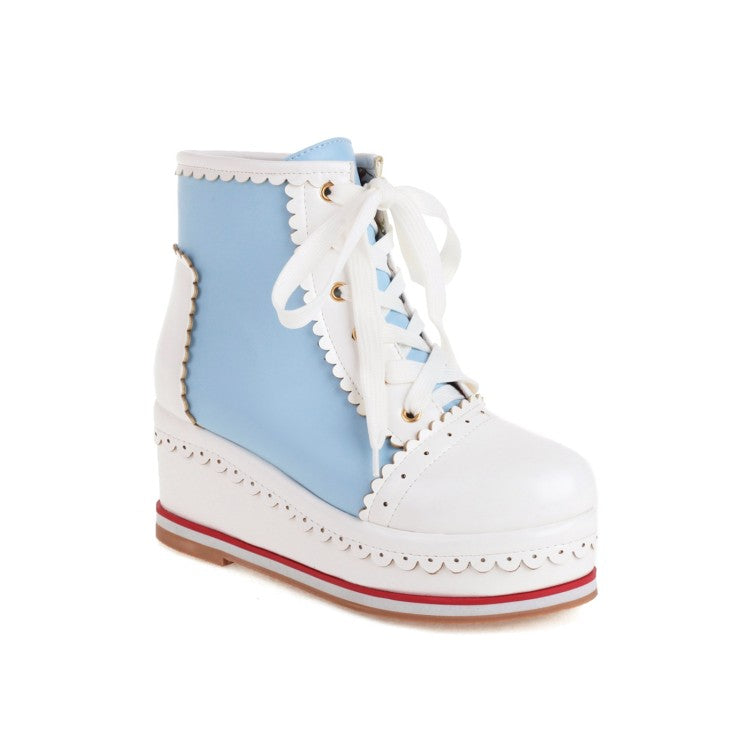 Women's Candy Color Lace Up Wedge Heel Platform Short Boots
