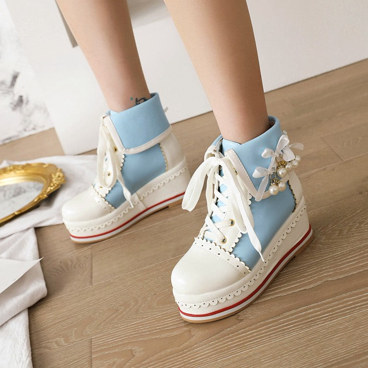 Women's Pu Leather Stitching Lace Up Fold Pearls Knot Platform Wedge Heel Short Boots