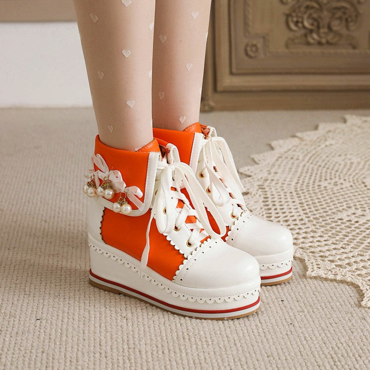 Women's Pu Leather Stitching Lace Up Fold Pearls Knot Platform Wedge Heel Short Boots
