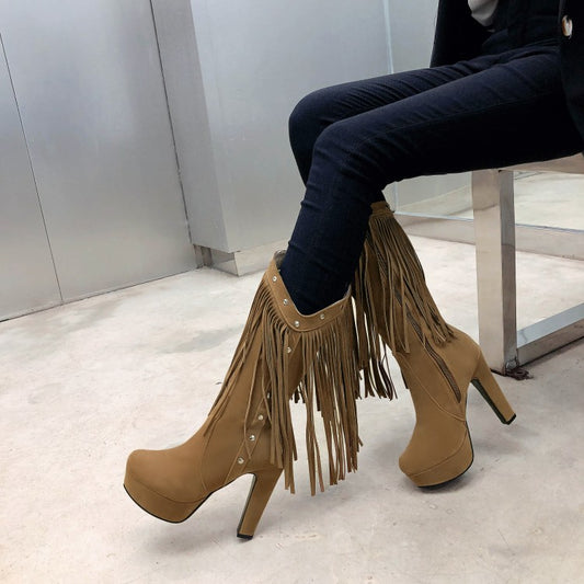 Women's Tassel Platform High Heel Short Boots