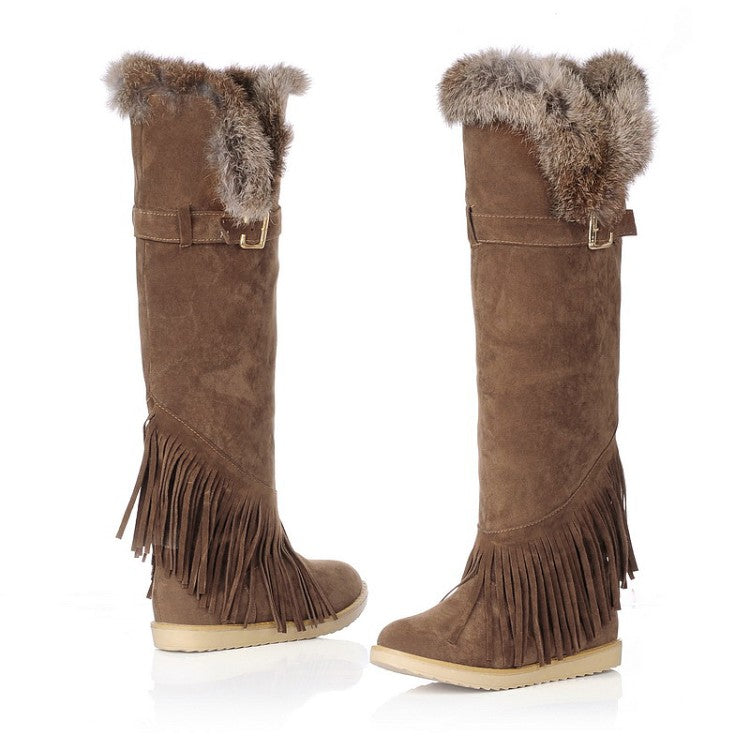 Women's Suede Round Toe Tassel Belts Buckles Fur Knee High Boots