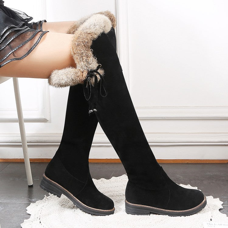 Women's Suede Stitching Patchwork Side Tied Fur Flat Knee High Boots