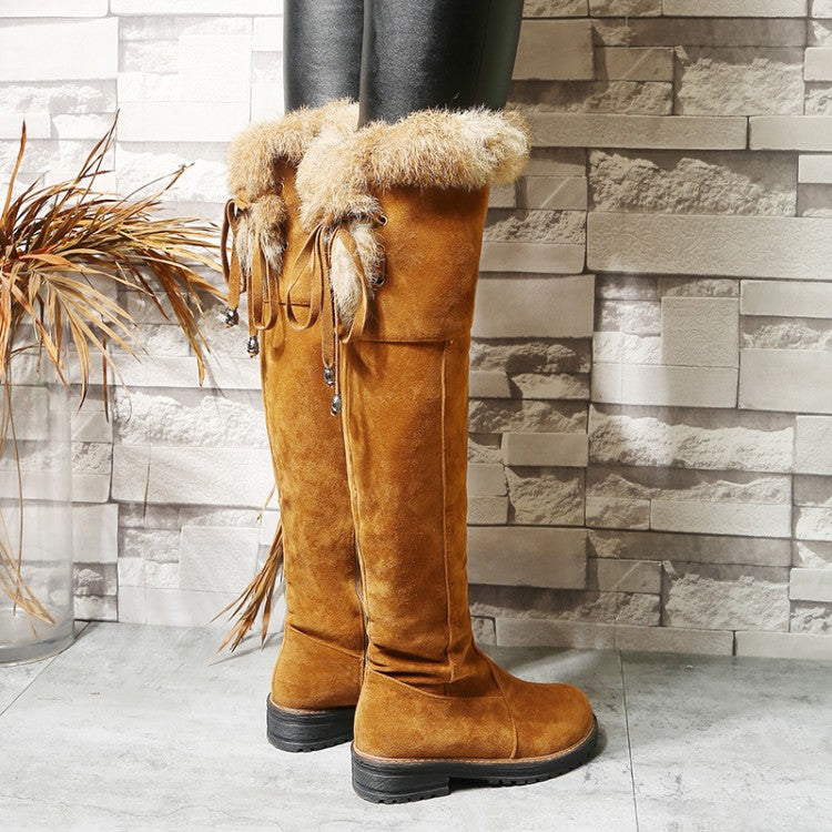 Women's Suede Patchwork Back Tied Fur Low Heel Knee High Boots