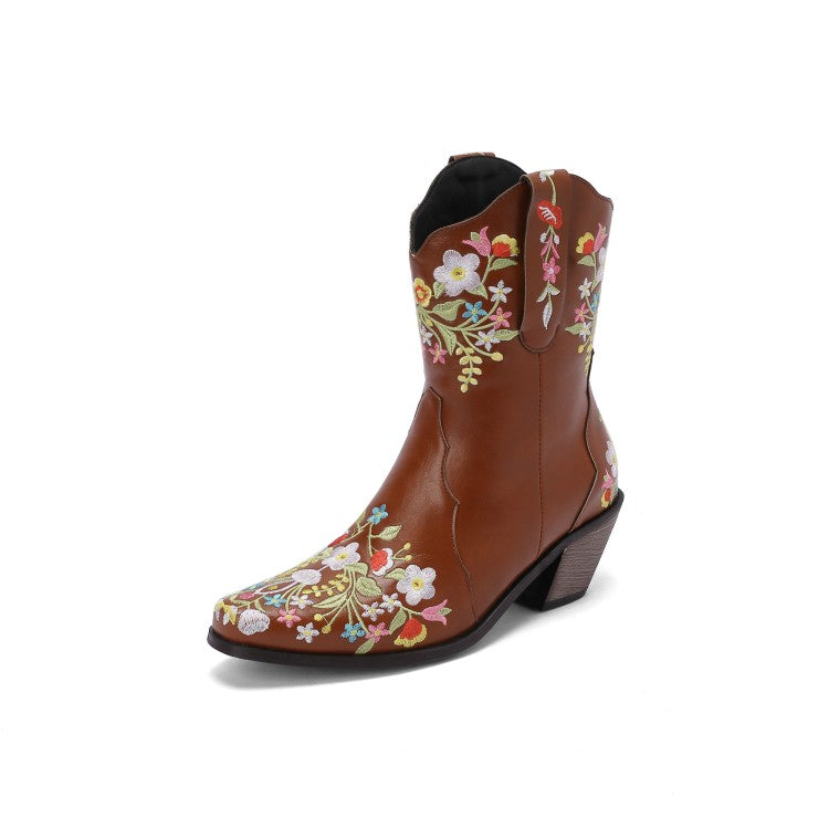 Women's Embroidery Floral Printing High Heel Mid Calf Boots