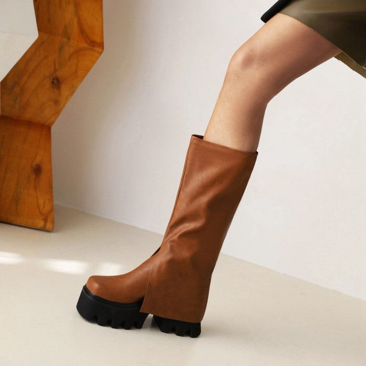 Women's Pu Leather Round Toe Fold Block Heel Platform Knee High Boots