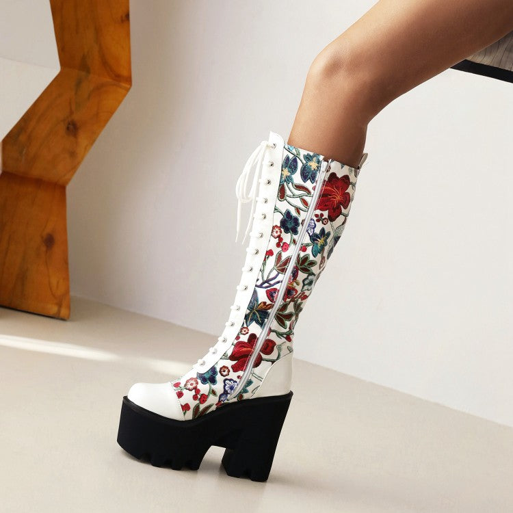 Women's Flora Patchwork Lace Up Chunky Heel Platform Knee High Boots