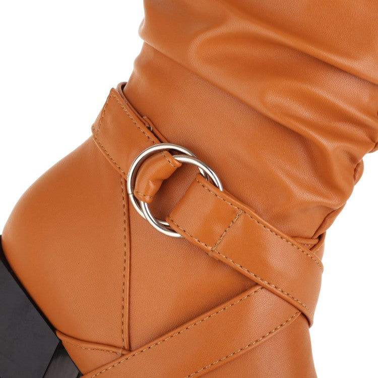 Women's Pu Leather Belts Buckles Side Zippers Block Heel Knee High Boots