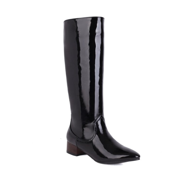 Women's Glossy Pointed Toe Puppy Heel Knee High Boots