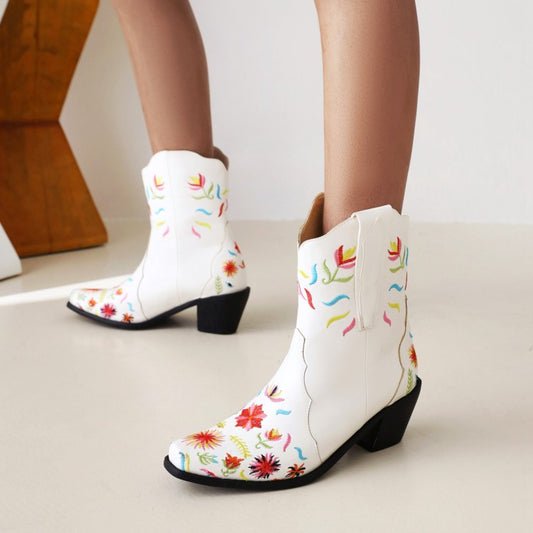 Women's Floral Embroidered High Heels Short Boots