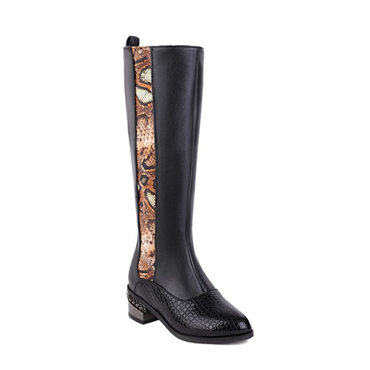 Women's Snake Printed Patchwork Side Zippers Puppy Heel Knee High Boots