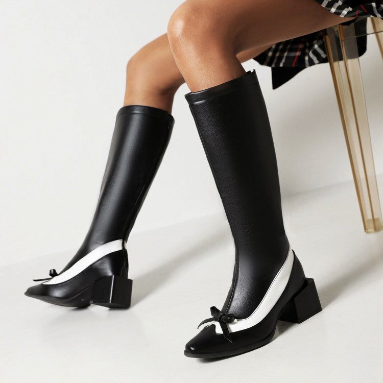 Women's Bicolor Pu Leather Pointed Toe Knot Chunky Heel Knee High Boots