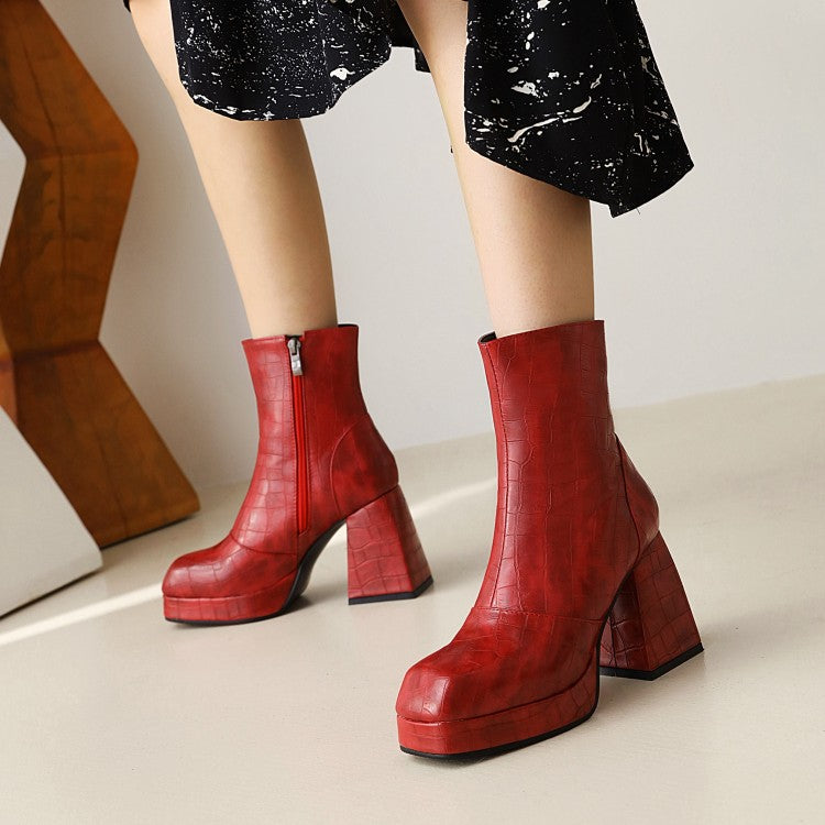 Women's Pattern Pu Leather Square Toe Side Zippers Block Heel Platform Short Boots