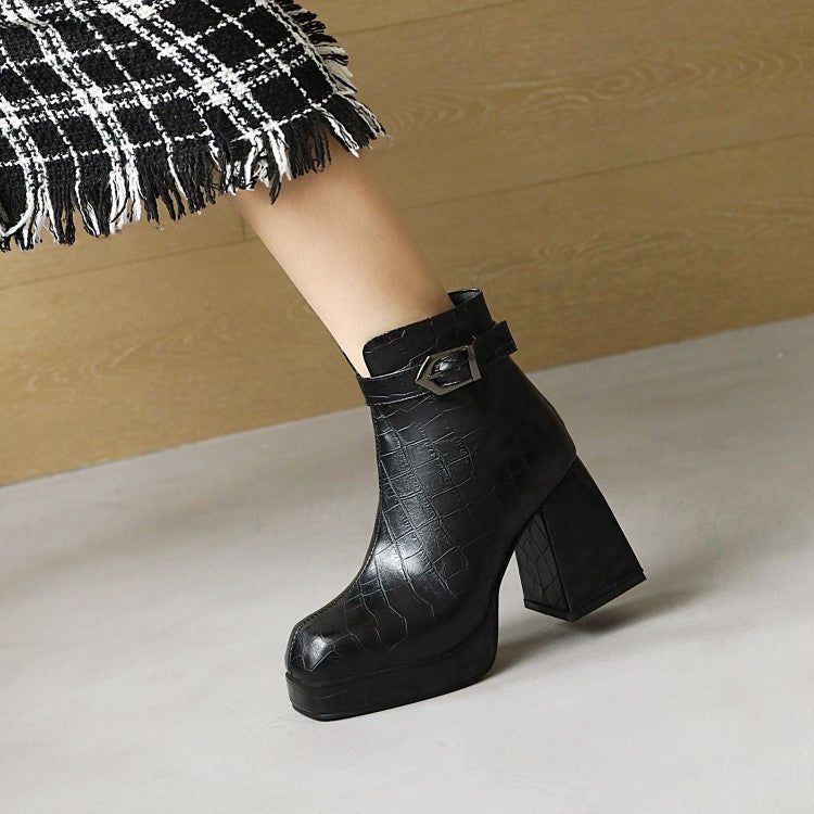 Women's Pattern Pu Leather Square Toe Buckles Belts Block Heel Platform Short Boots