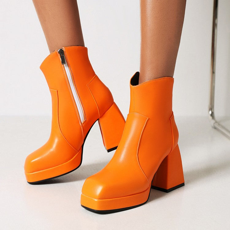 Women's Pu Leather Stitching Side Zippers Block Heel Platform Short Boots