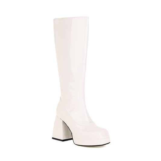 Women's Glossy Square Toe Block Heel Platform Knee High Boots