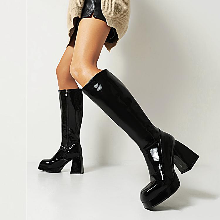 Women's Glossy Square Toe Block Heel Platform Knee High Boots