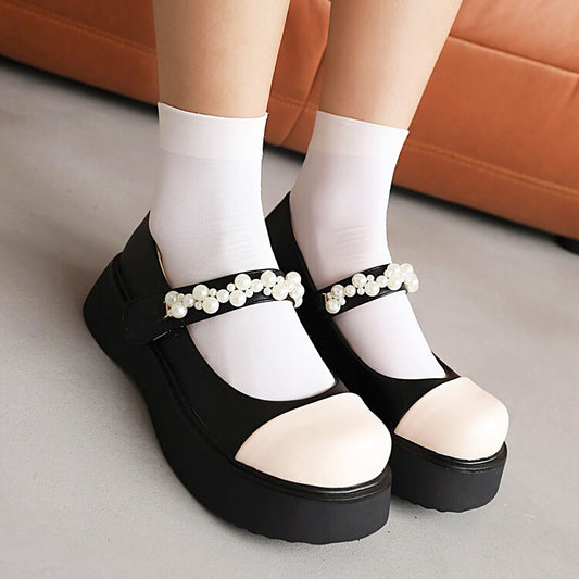 Women's Lolita Color Block Round Toe Pearls Beading Ankle Strap Platform Flats