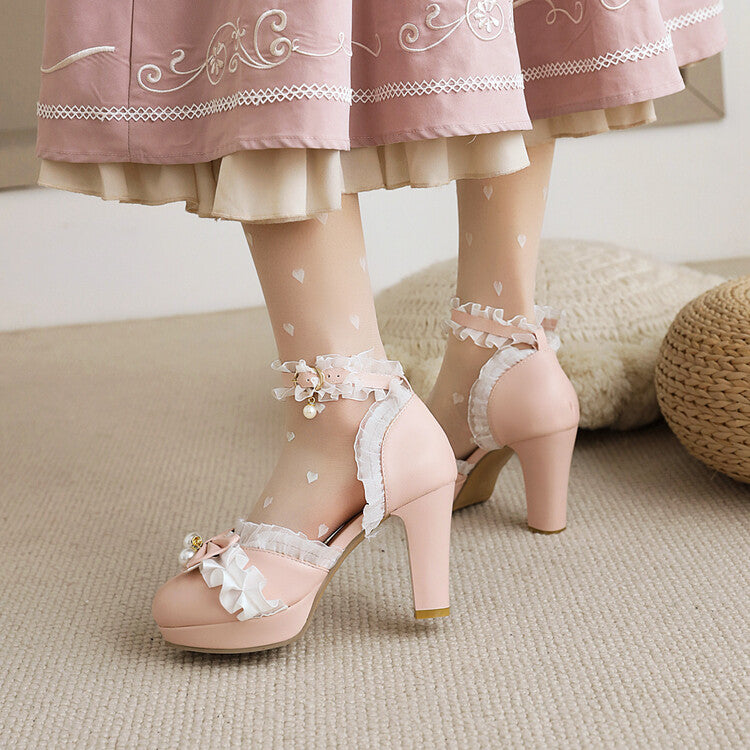 Women's Pearls Lolita Lace Butterfly Knot Chunky Heel Platform Sandals