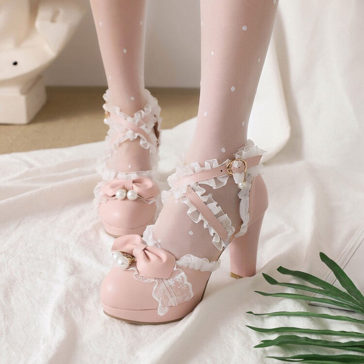 Women's Lolita Lace Ankle Strap Pearls Butterfly Knot Chunky Heel Platform Sandals