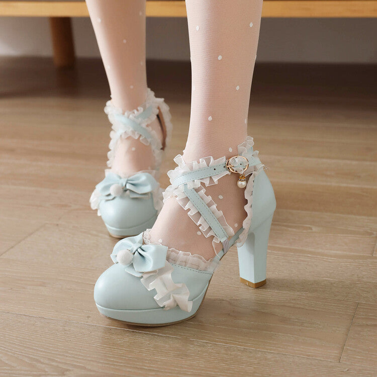 Women's Lolita Lace Butterfly Knot Pearls Chunky Heel Platform Sandals