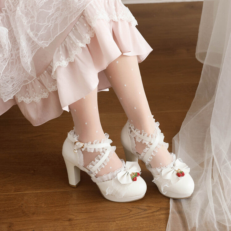 Women's Lolita Lace Strawberry Deco Butterfly Bow Chunky Heel Platform Sandals