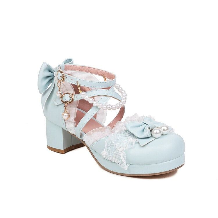 Women's Lolita Lace Butterfly Knot Pearls Beading Chunky Heel Platform Sandals