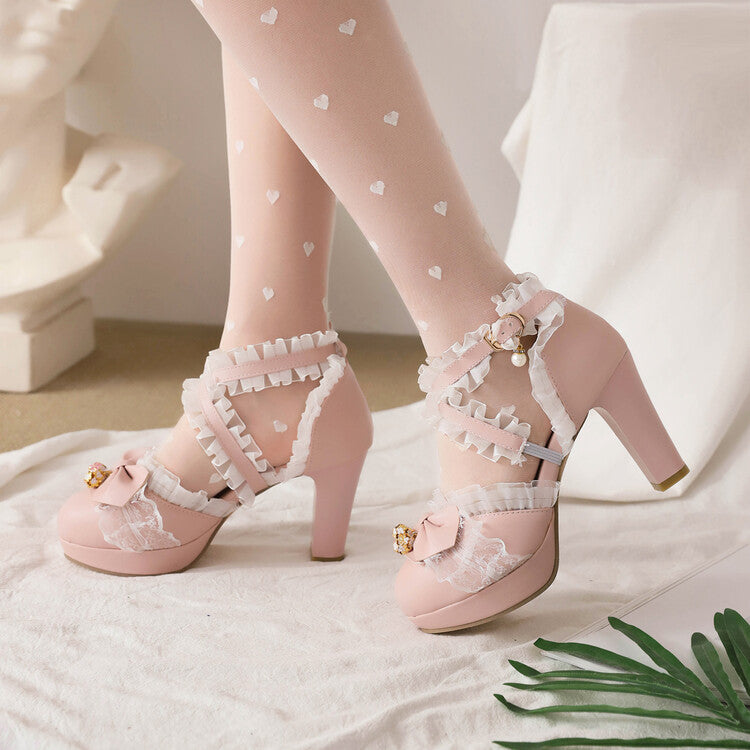 Women's Lolita Round Toe Lace Butterfly Knot Chunky Heel Platform Sandals