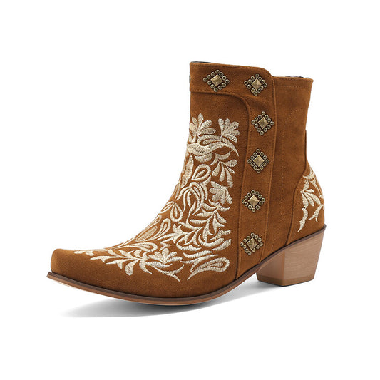 Women's Flock Pointed Toe Rivets Embroidery Puppy Heel Cowboy Short Boots
