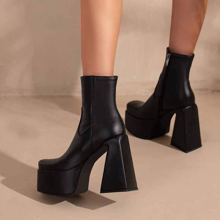 Women's Pu Leather Square Toe Stitching Side Zippers Block Heel Platform Short Boots