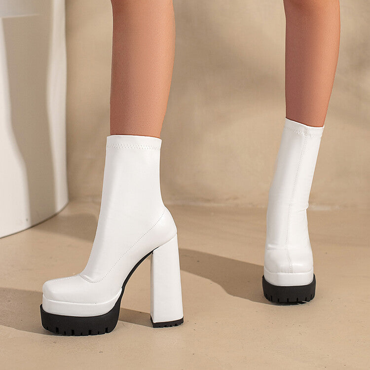 Women's Pu Leather Square Toe Stitching Chunky Heel Platform Short Boots
