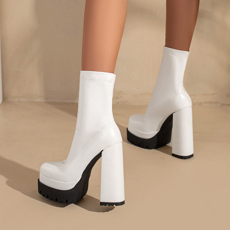 Women's Pu Leather Square Toe Stitching Chunky Heel Platform Short Boots