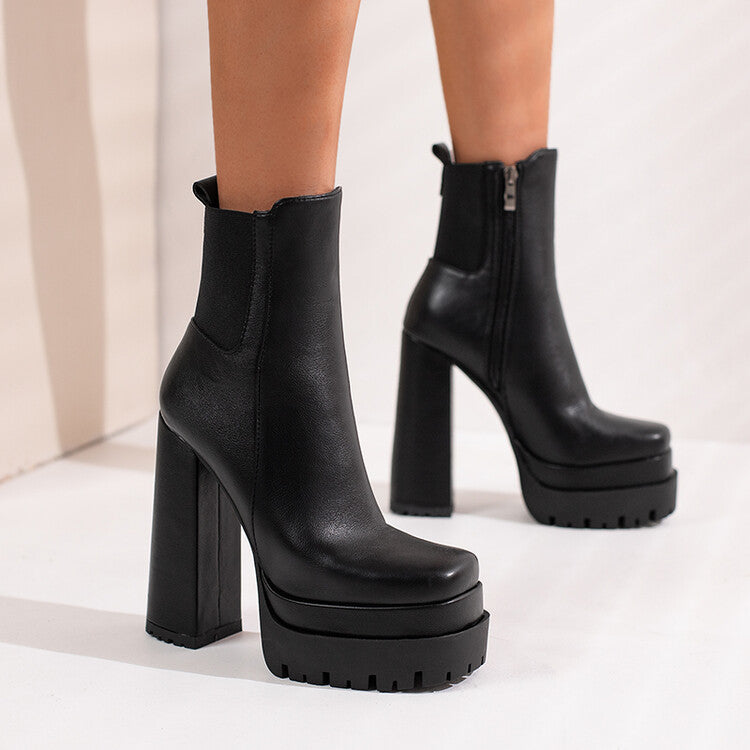 Women's Pu Leather Square Toe Side Zippers Block Heel Platform Short Boots