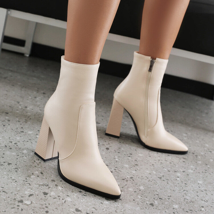 Women's Pu Leather Pointed Toe Stitching Side Zippers Chunky Heel Short Boots