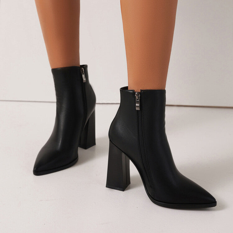Women's Pu Leather Pointed Toe Stitching Side Zippers Block Heel Short Boots