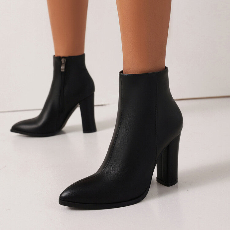 Women's Pu Leather Pointed Toe Side Zippers Chunky Heel Short Boots